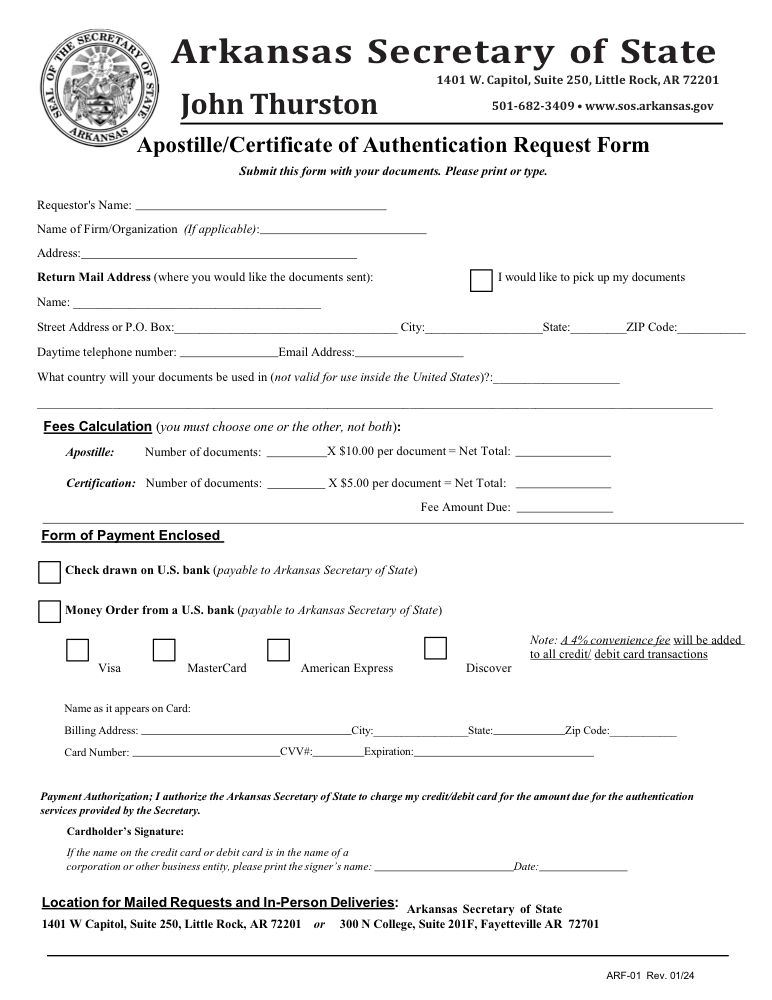 Arkansas Apostille Form Preview