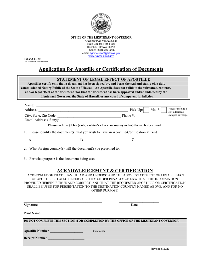 Hawaii apostille: official application page