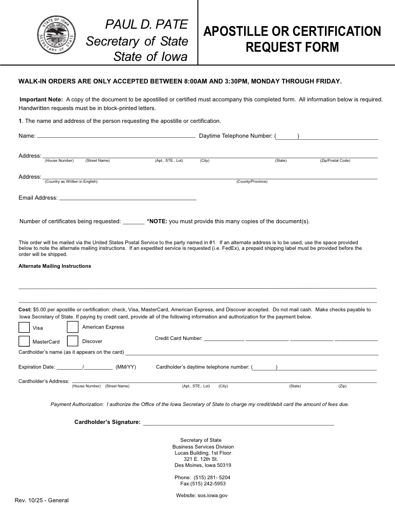 Iowa Apostille Request Form Preview