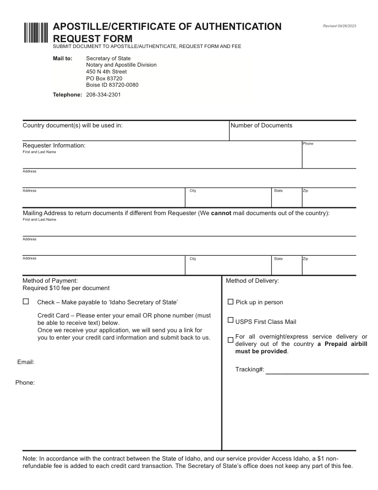 Idaho Apostille Request Form Preview