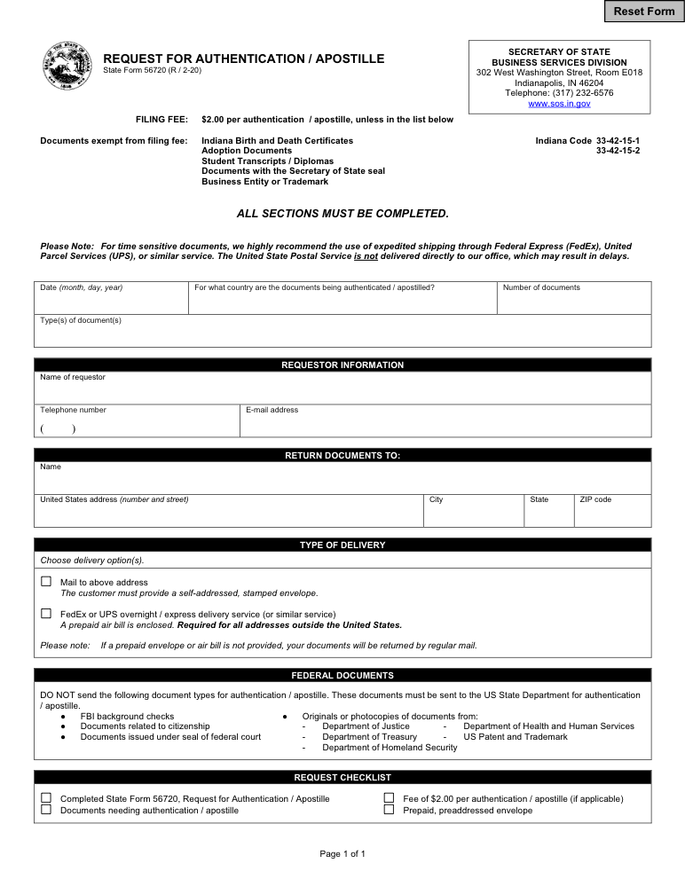 Indiana Apostille Request Form Preview