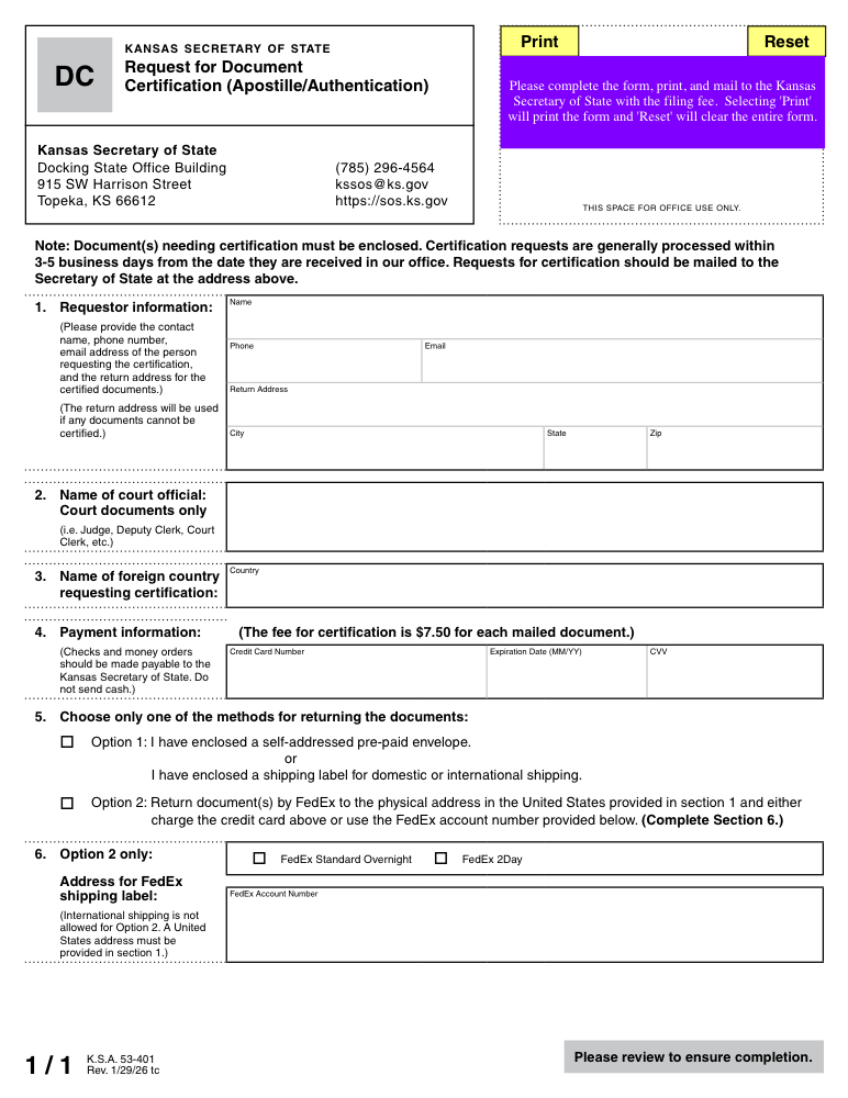 Kansas Apostille Request Form Preview