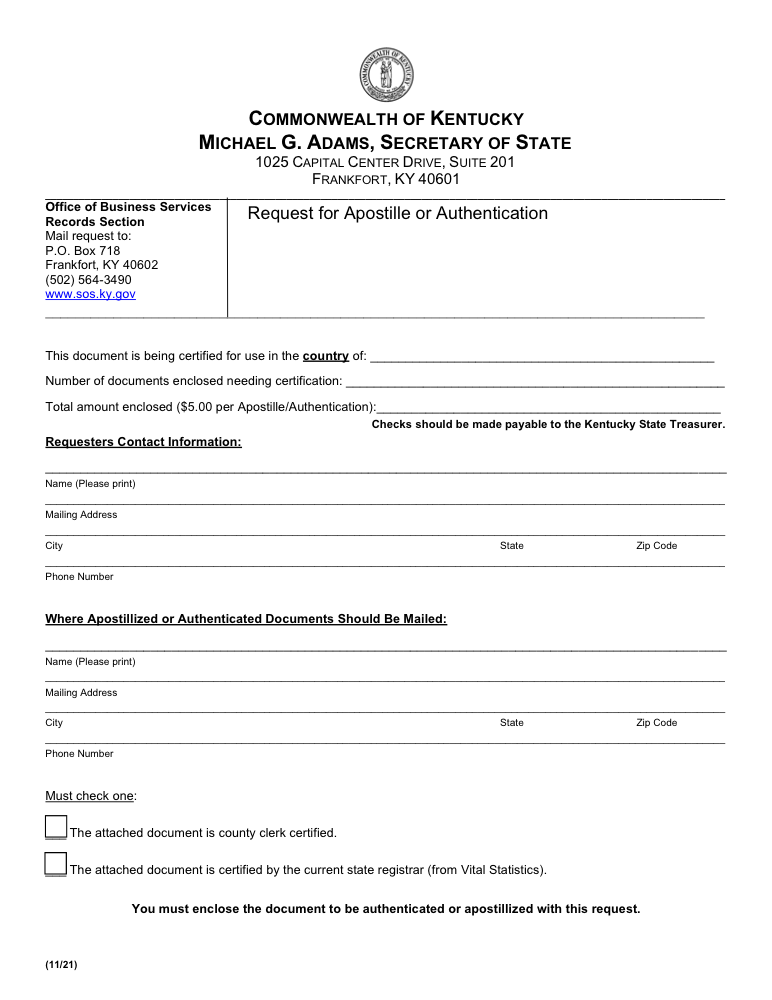 Kentucky Apostille Request Form Preview
