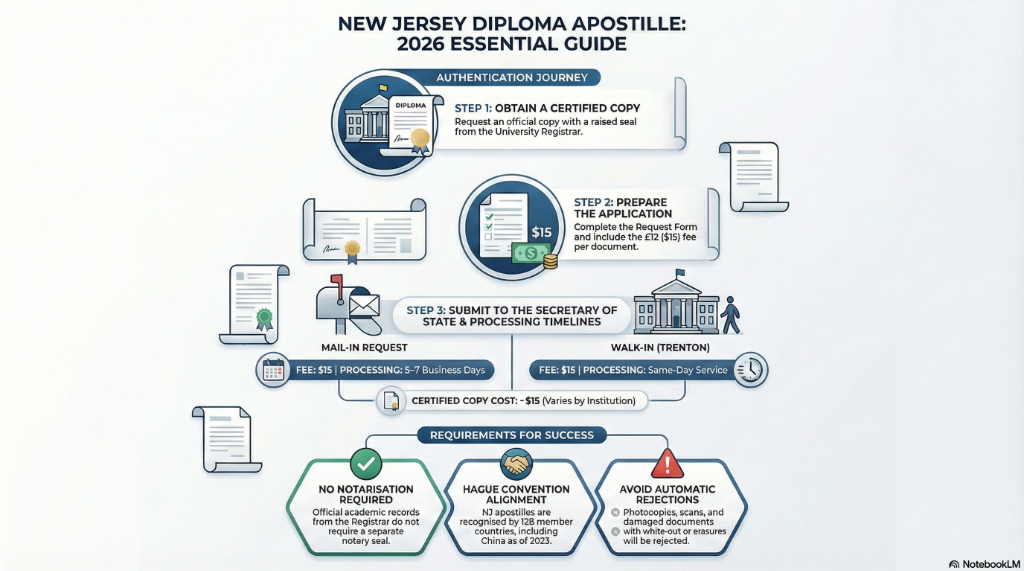 New Jersey Diploma Apostille Process 2026: Step-by-step authentication journey infographic showing 1) Obtain certified copy from University Registrar with raised seal, 2) Prepare application with $15 fee per document, 3) Submit to Secretary of State in Trenton - Mail-in ($15, 5-7 business days) or Walk-in ($15, same-day service). Requirements include: no notarization required for official academic records, NJ apostilles recognized by 128 Hague Convention countries including China as of 2023, and avoid rejections by not submitting photocopies/scans or documents with white-out. Certified copy cost approximately $15 varies by institution.